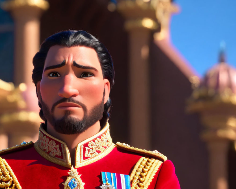 Male 3D Animated Character in Red Military Uniform with Dark Hair and Beard