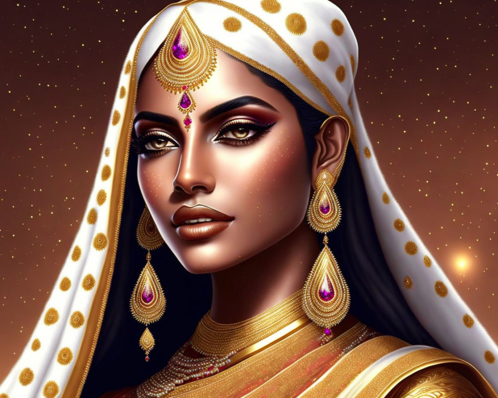 Digital art portrait of woman in South Asian attire with traditional jewelry & nose ring.
