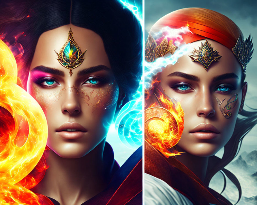 Split portrait of woman with fiery and icy elemental themes