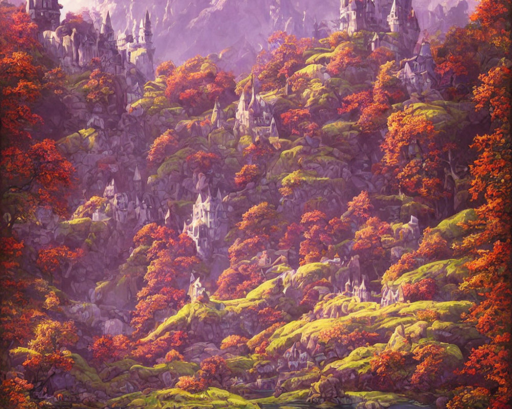 Majestic castles in vibrant fantasy landscape