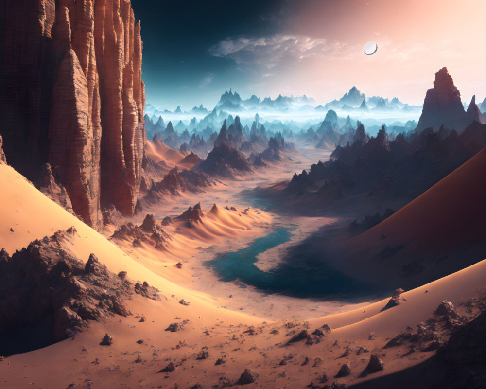 Desert landscape at sunset: cliffs, dunes, river, mountains, crescent moon