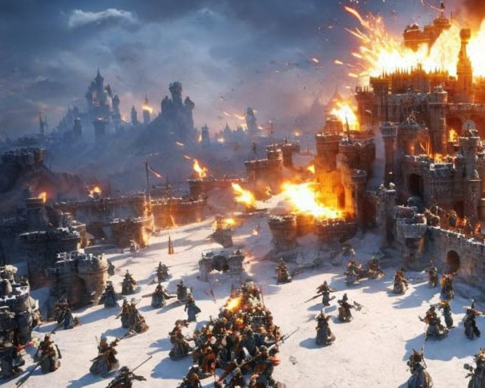 Medieval battlefield scene with siege towers, clashing armies, and fiery castle attack in snowy setting