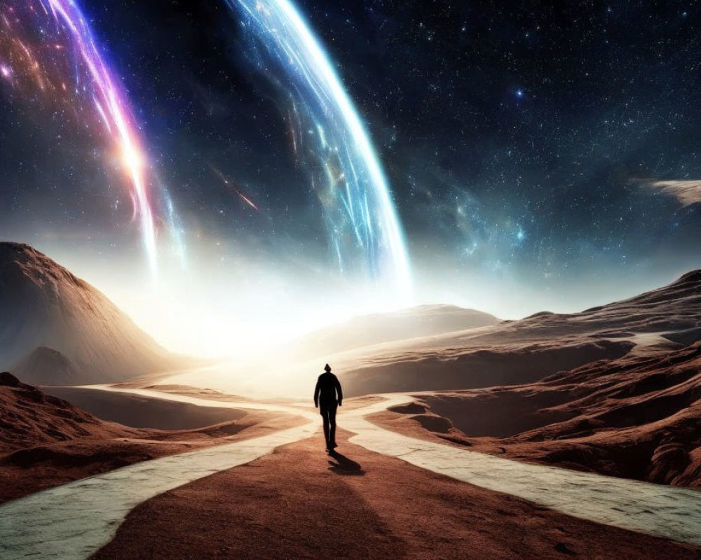 Figure on winding path in surreal landscape under cosmic sky