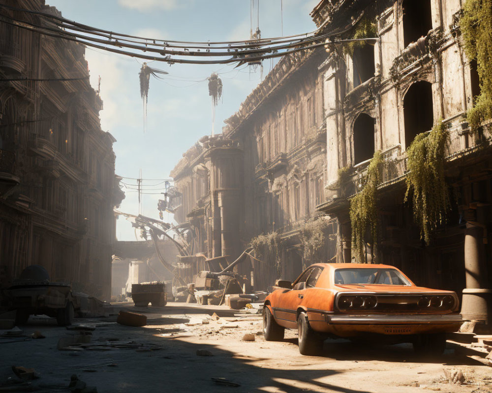 Desolate post-apocalyptic street with abandoned car and debris