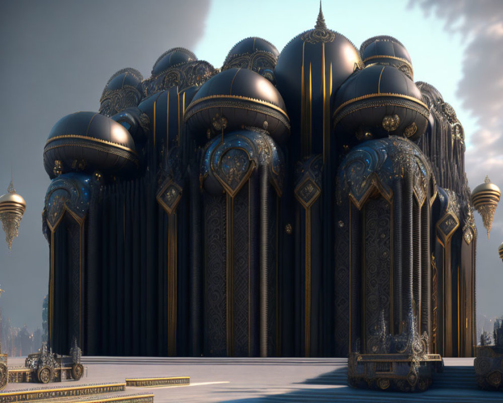 Futuristic palace with golden patterns under twilight sky