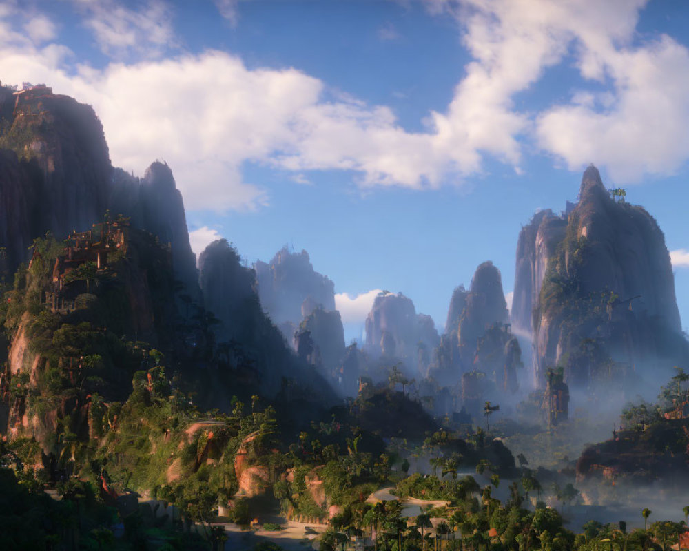 Scenic mountain landscape with lush greenery and misty peaks