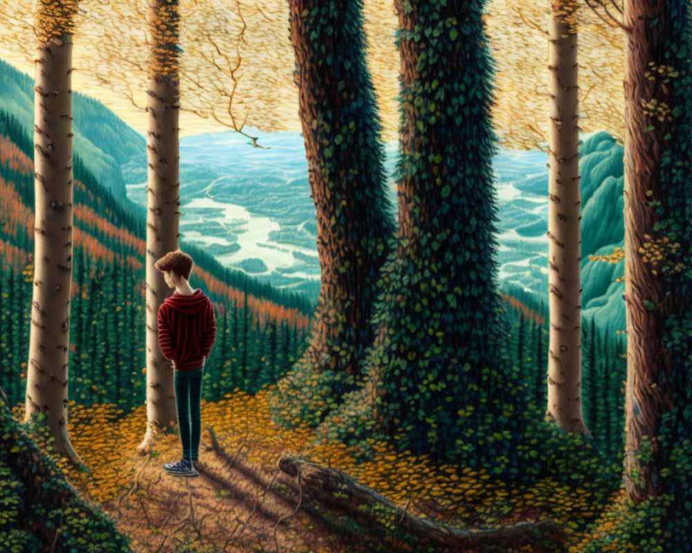 Person in Striped Shirt Observing Surreal Forest Scene