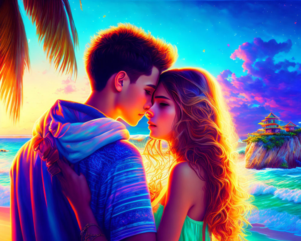 Vivid Twilight Beach Couple Embrace Artwork