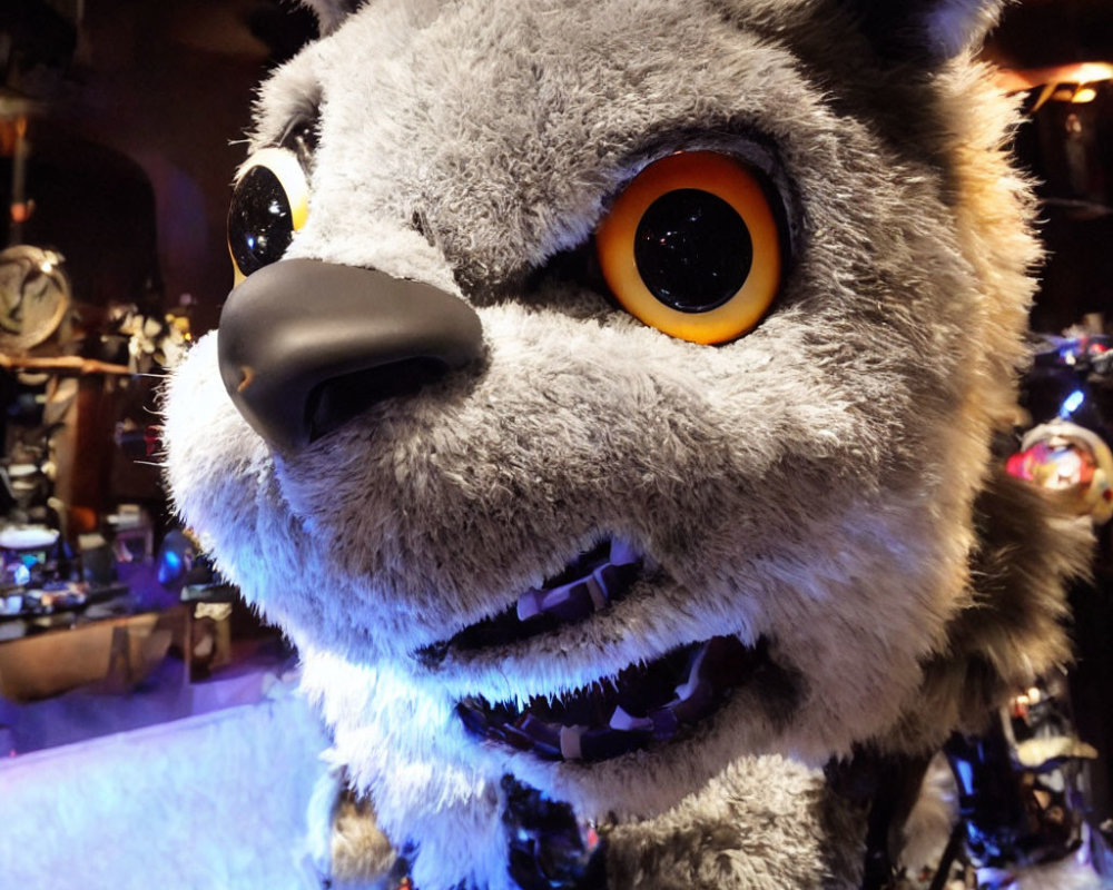 Gray wolf costume head with orange eyes and sharp teeth detailed closely