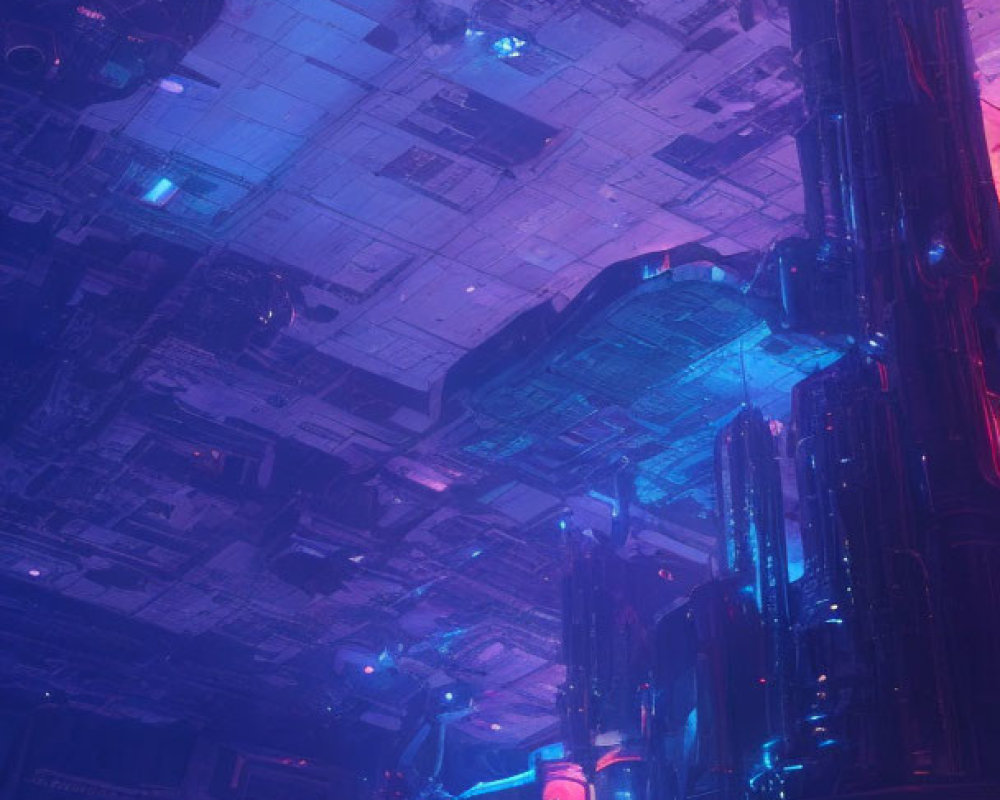Futuristic cyberpunk interior with neon lighting and high-tech structures