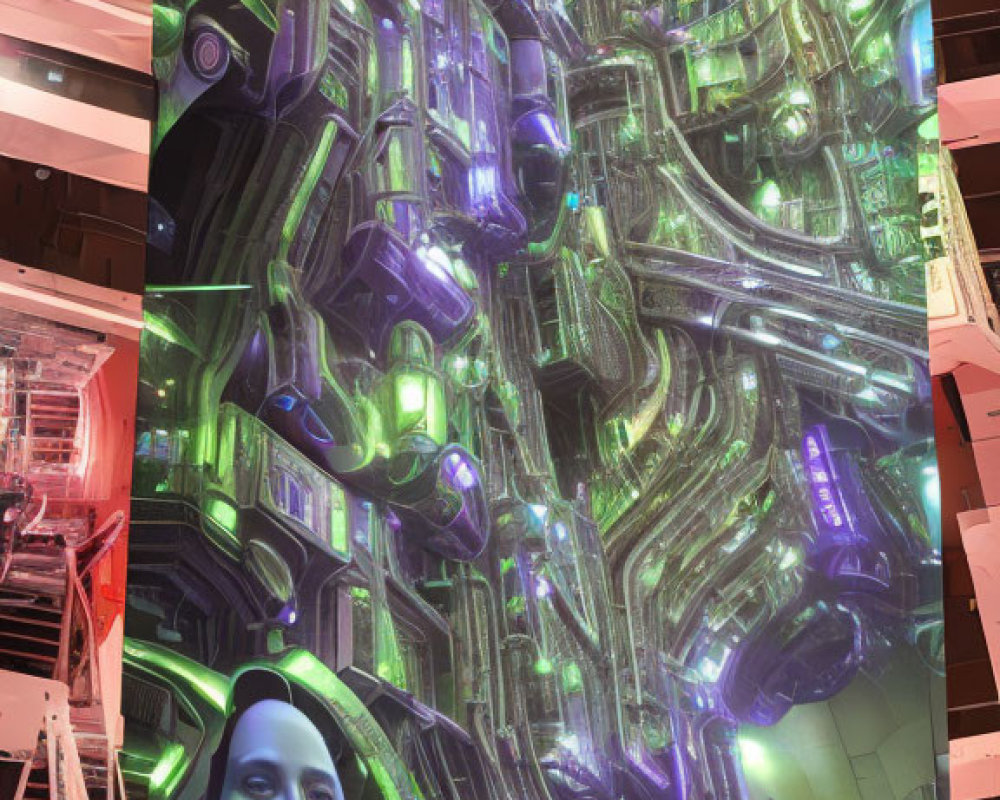 Futuristic female android face with neon-lit cybernetic structure.