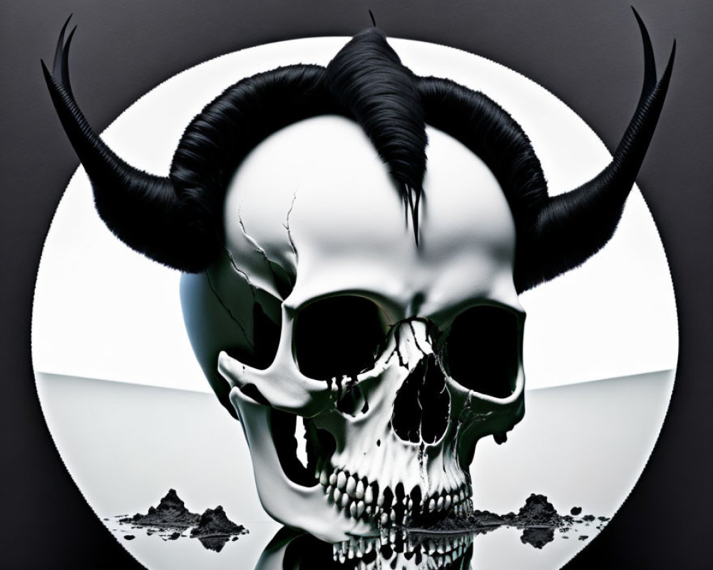 Stylized digital artwork: human skull with black horns on gray background