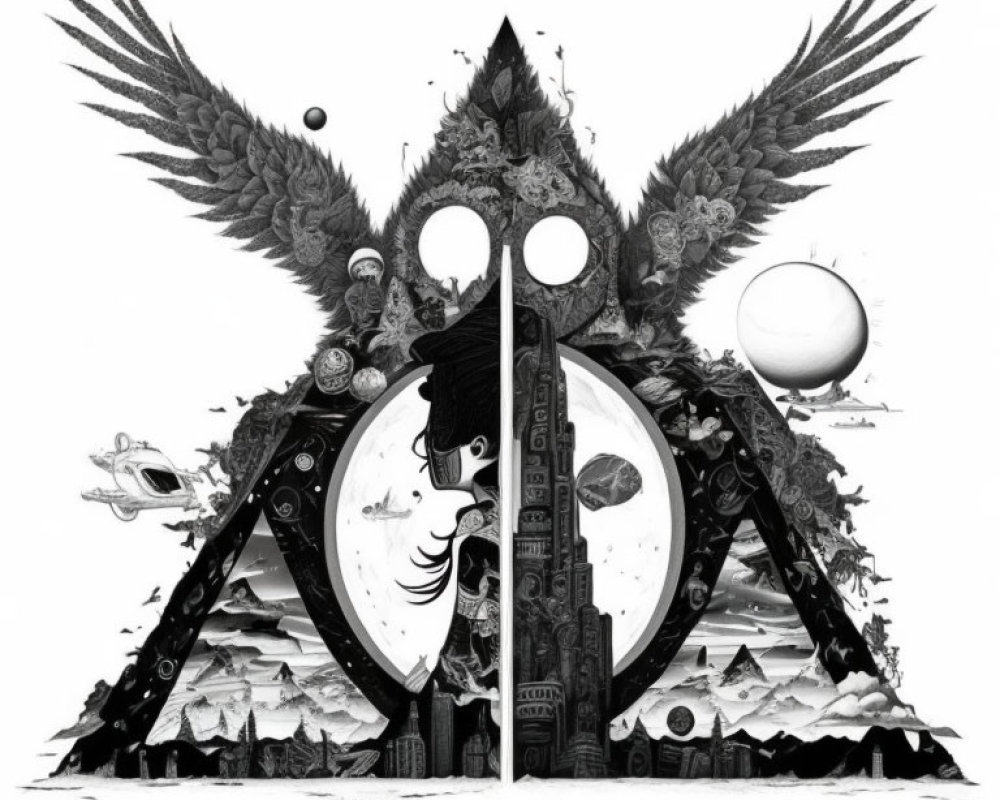 Monochrome surreal illustration with central universe-themed figure and celestial elements