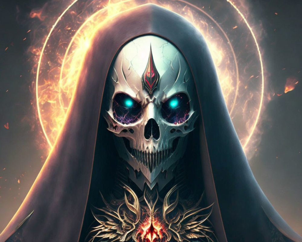 Menacing skull with glowing blue eyes and crown symbol in hooded cloak against infernal backdrop.