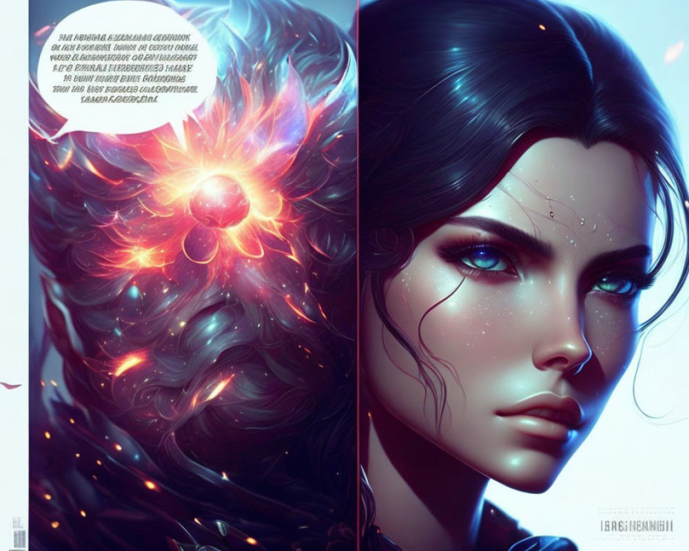 Illustrated woman with blue eyes and cosmic hair.