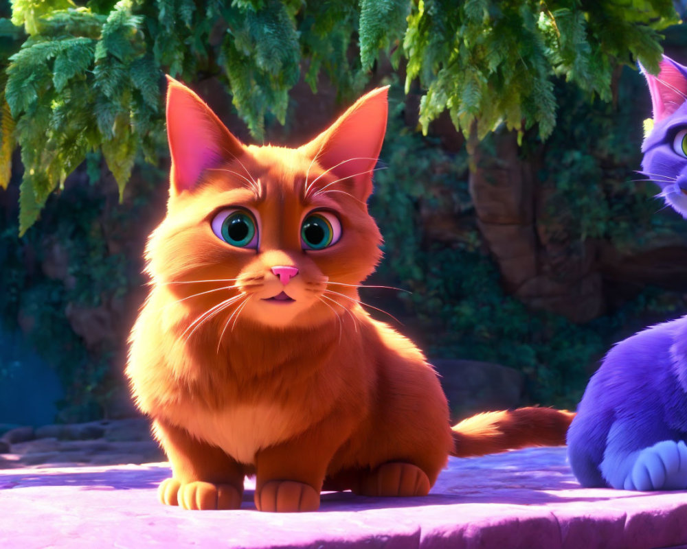 Orange and Purple Cats in Vibrant Foliage Scene