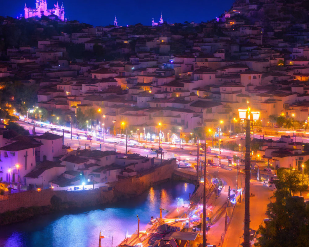 Coastal town at twilight with blurred street lights and illuminated buildings