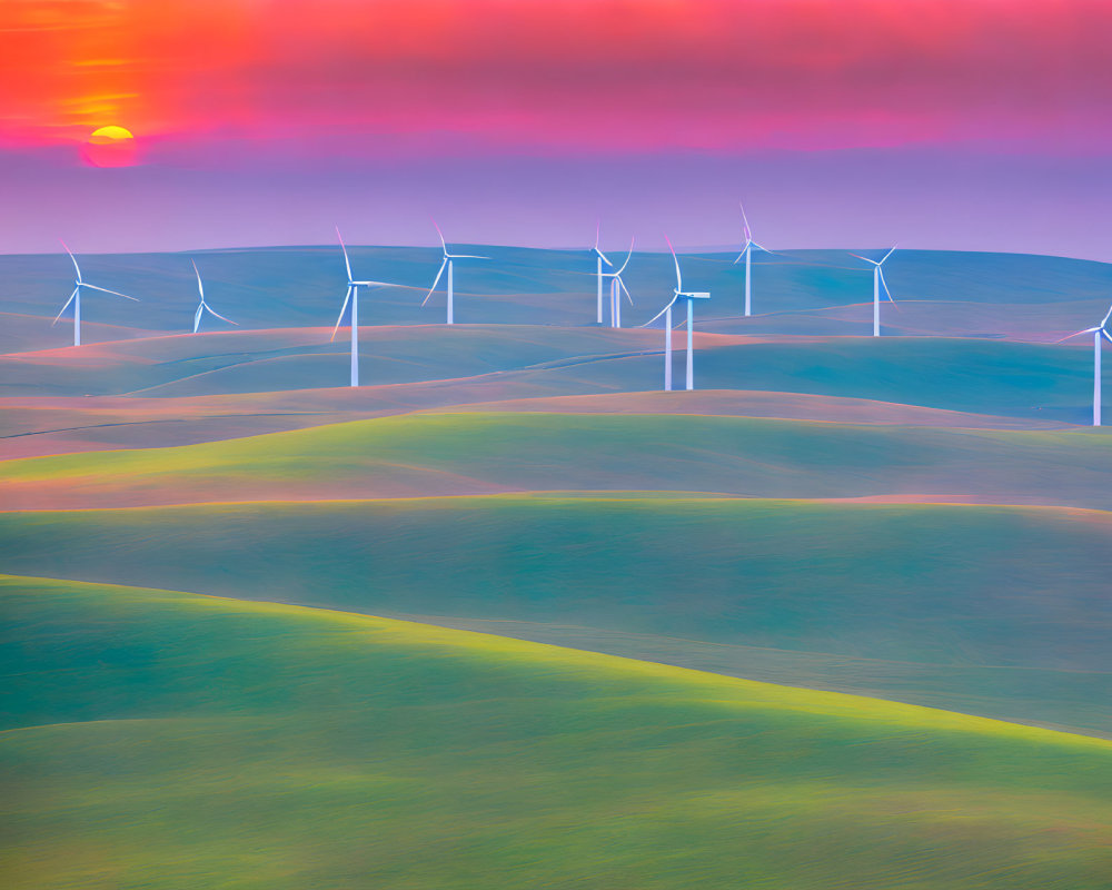 Wind turbines on rolling hills under pink and orange sunset sky