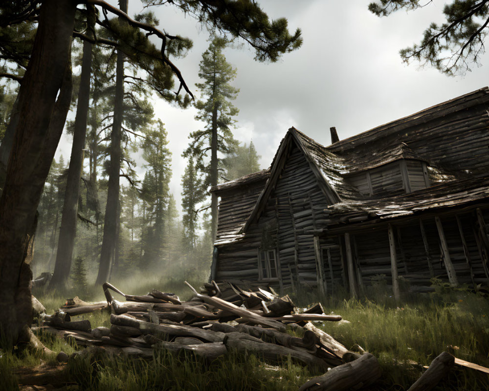 Weathered wooden cabin in dense forest with logs and sunlight.