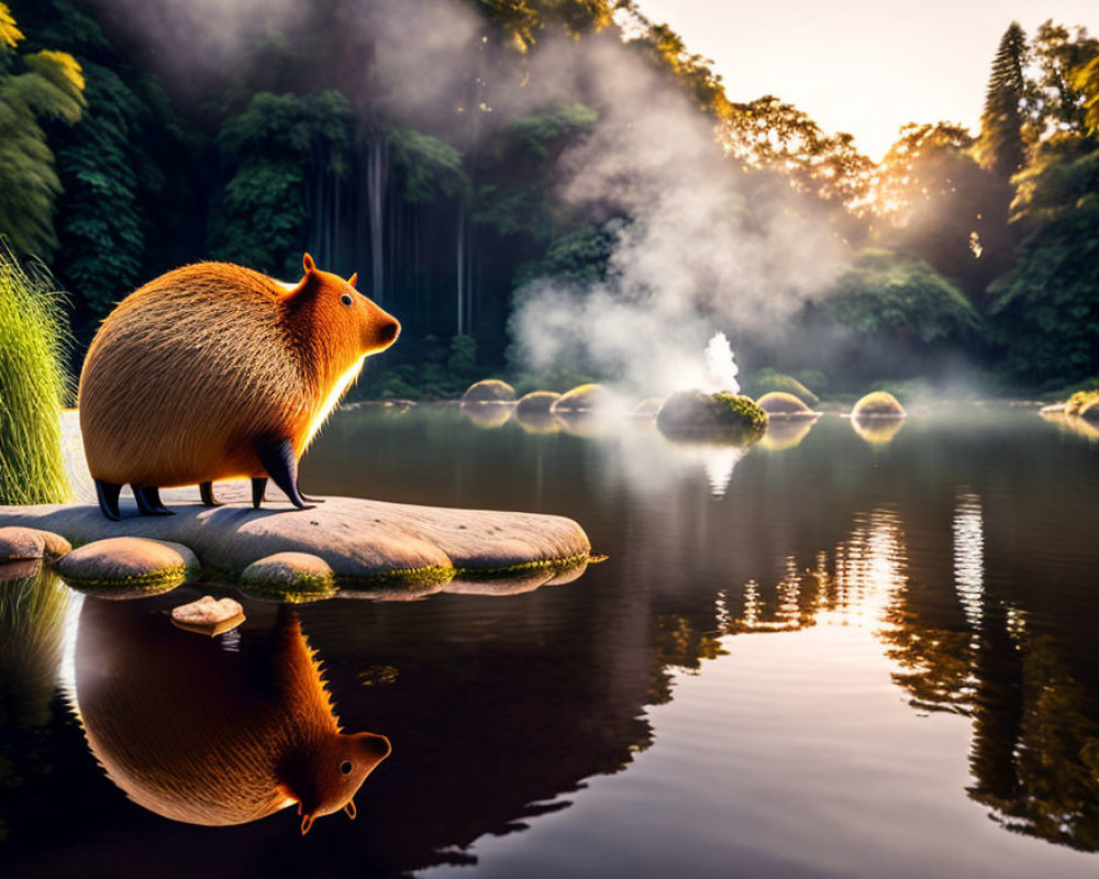 Capybara at sunrise on river rock with reflection in water