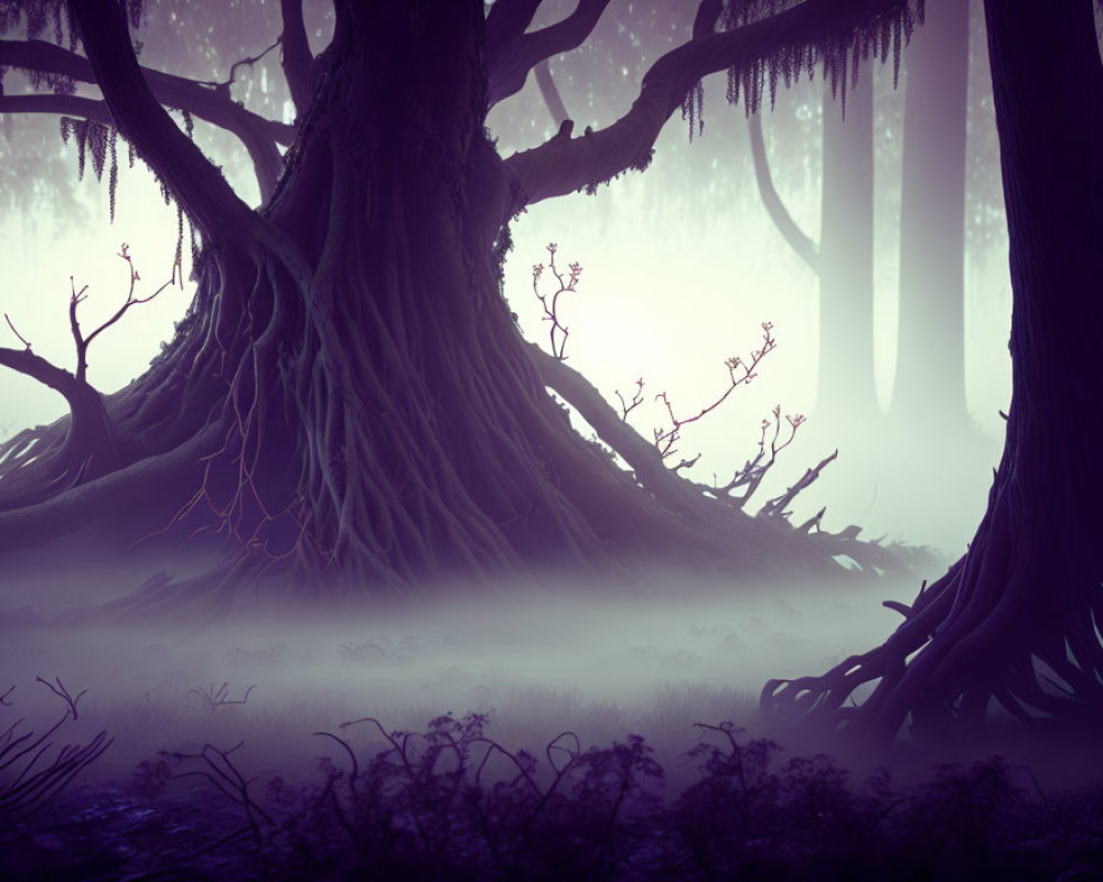 Foggy forest with large tree and misty silhouettes