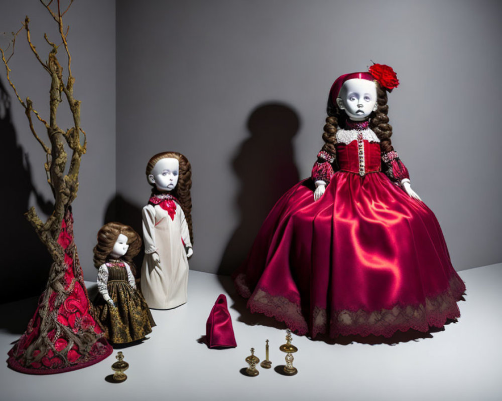 Three ornate vintage style dolls with detailed dresses, tree, purse, and candlesticks on solid background