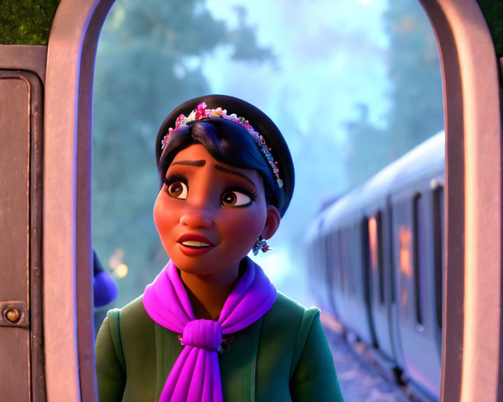 Young female character in green coat and purple scarf by train, looking surprised