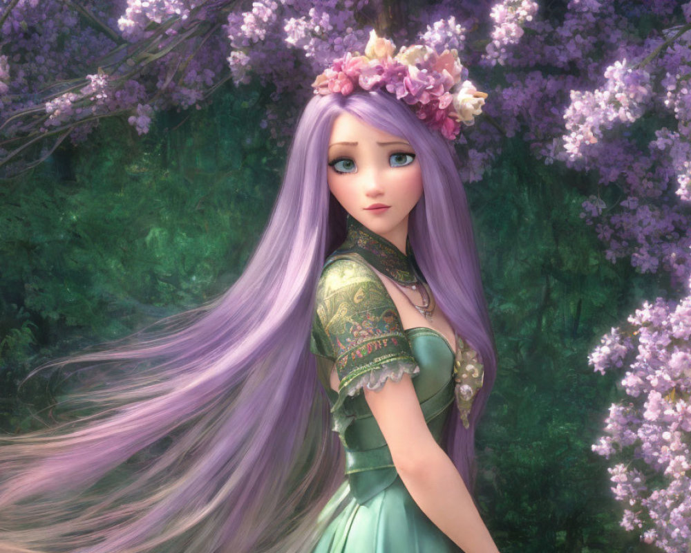Digital artwork: Young woman with long purple hair and floral wreath in vibrant forest scene