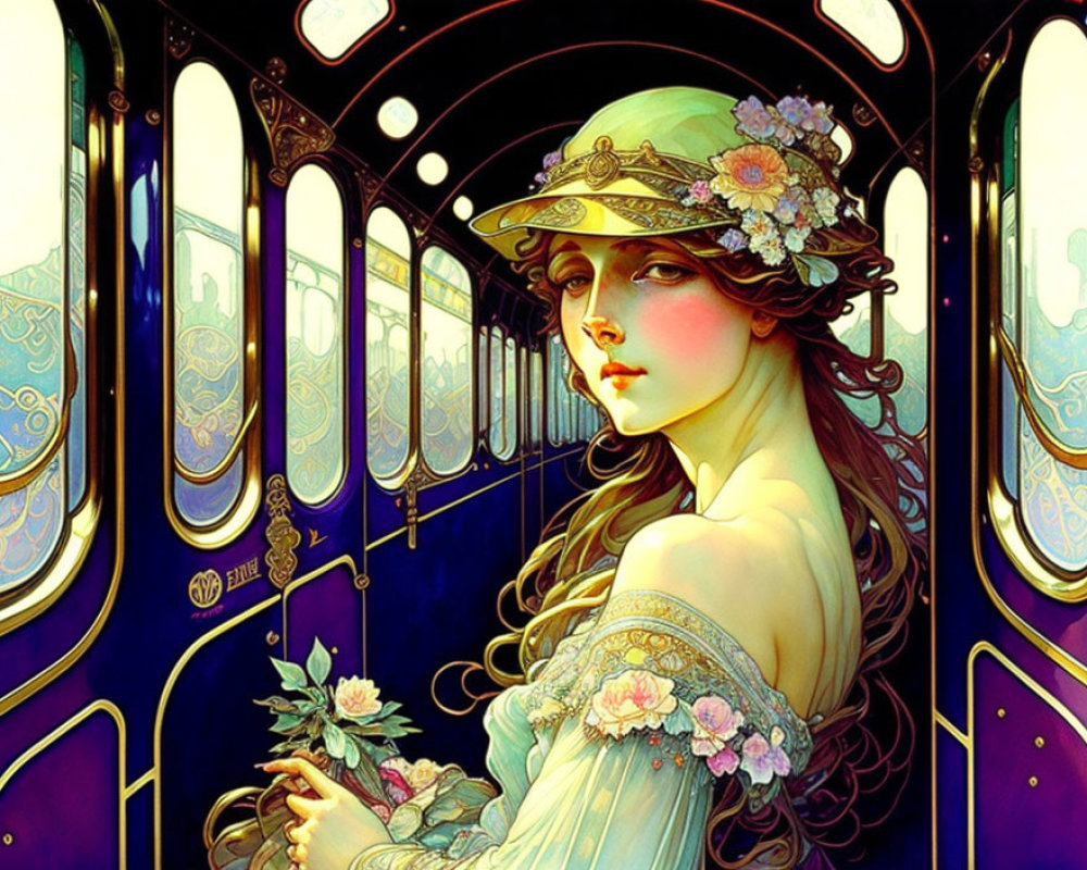 Detailed Art Nouveau Woman Illustration in Vintage Train Carriage