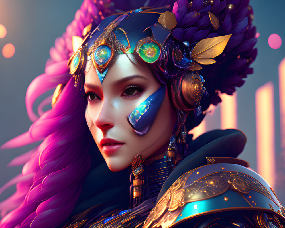 Digital artwork: Woman with purple hair and ornate gold & blue headpiece, jewel inlays,