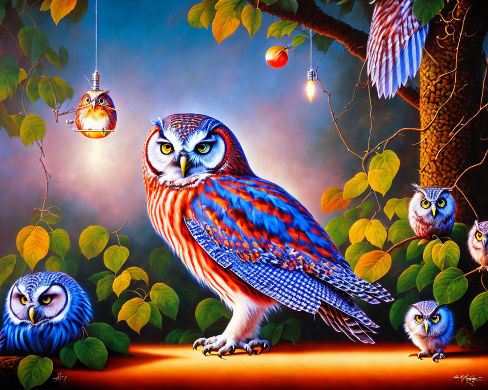 Vivid Owl Family Painting with Whimsical Patterns & Lantern Bird
