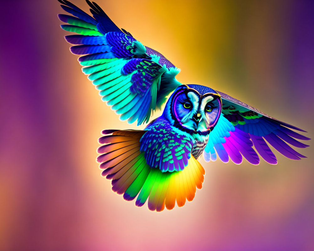 Colorful Owl Flying Against Purple and Orange Gradient Background