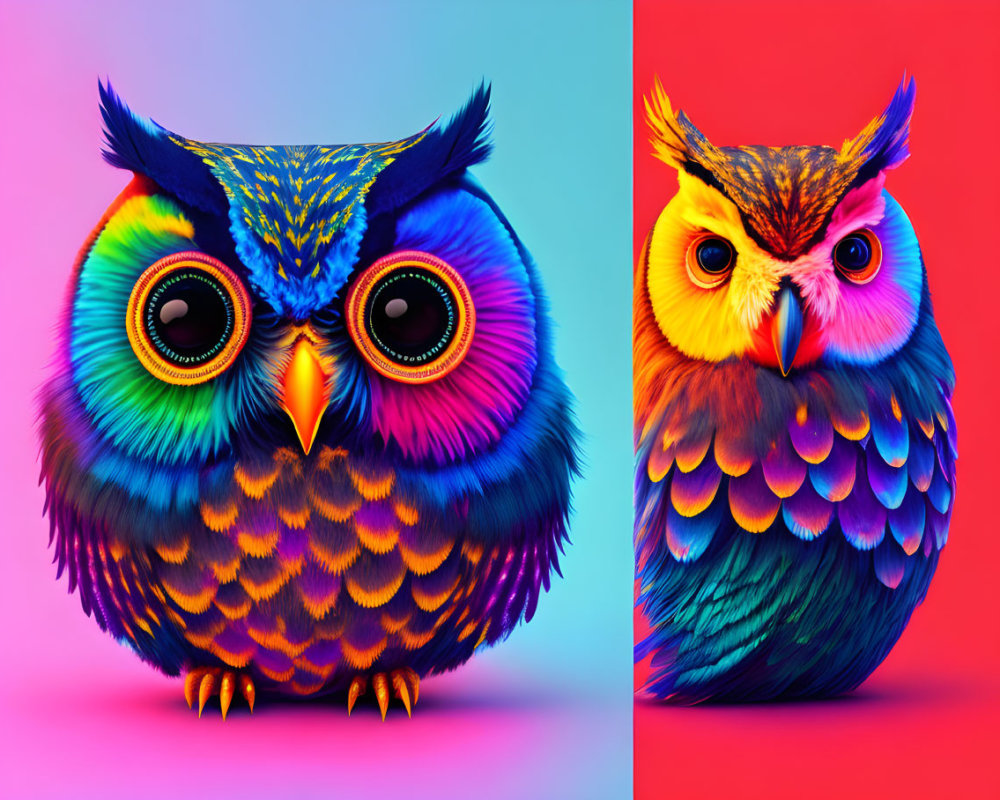 Colorful digital art: Exaggerated owls on pink and blue gradient.