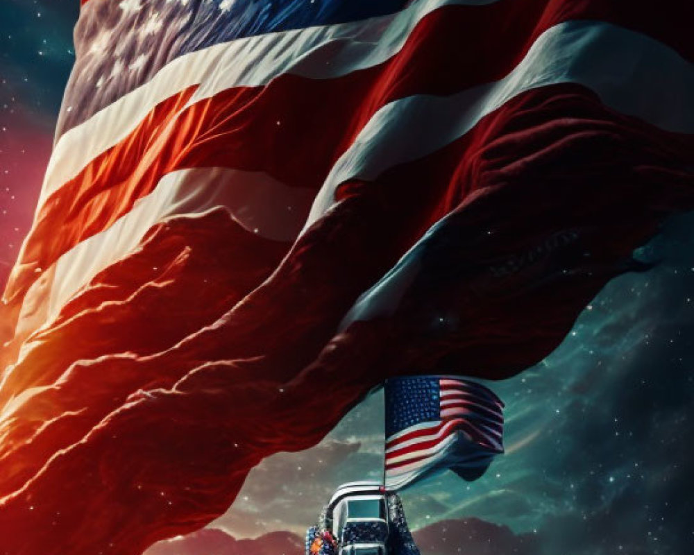 Astronaut saluting American flag on rocky terrain under starry sky