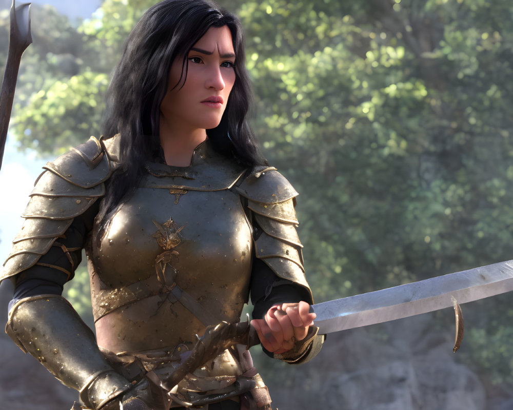 Illustration of woman in weathered armor with sword, forest background