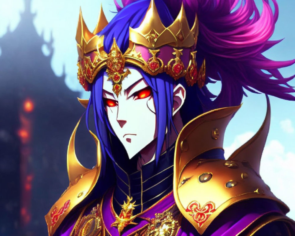 Vibrant purple-haired character in golden armor against fiery backdrop