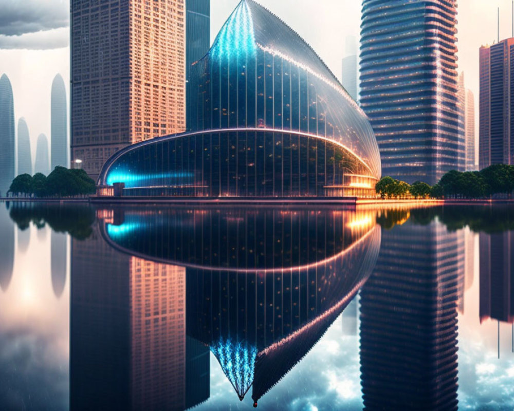 Modern cityscape with glass structure and reflection on water at twilight