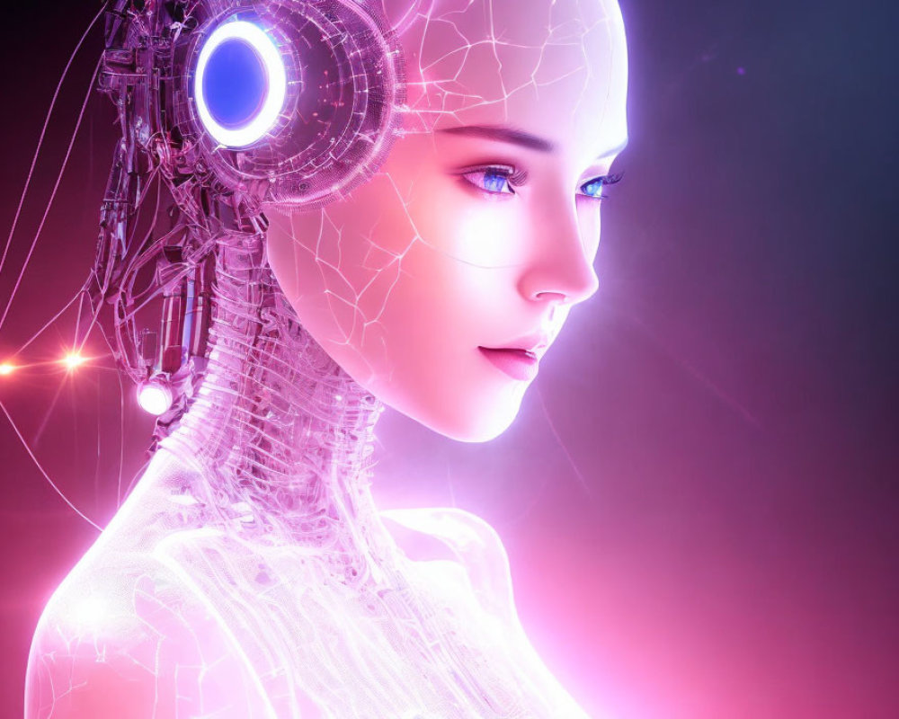 Futuristic female android with translucent skin and glowing blue eye