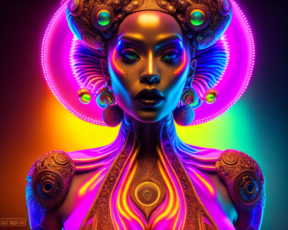 Colorful portrait of stylized female figure with elaborate headgear and shoulder embellishments on neon background