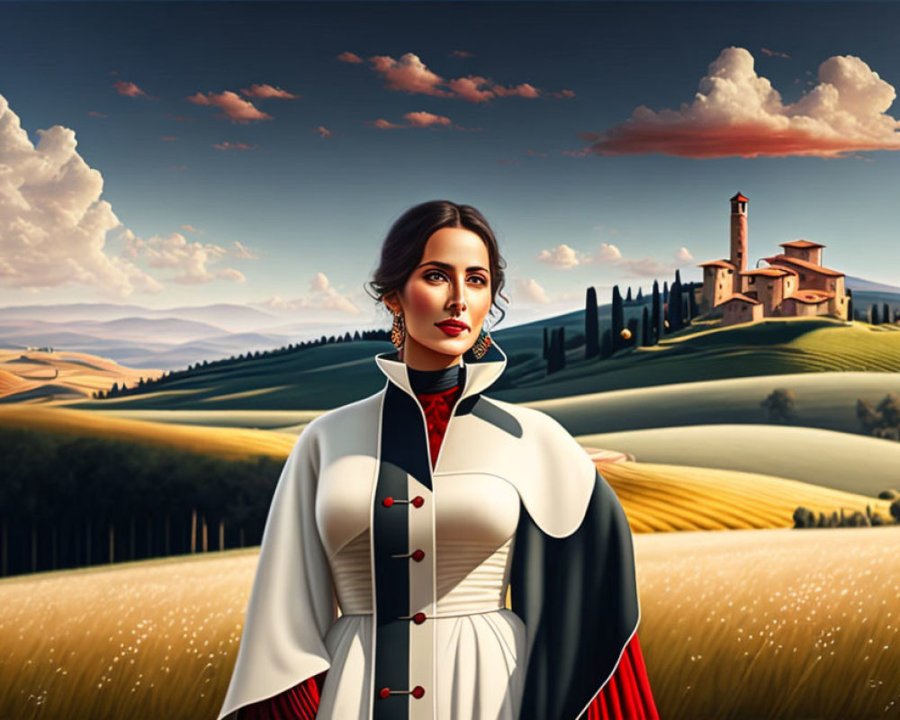 Vintage-styled woman portrait with Tuscan landscape background