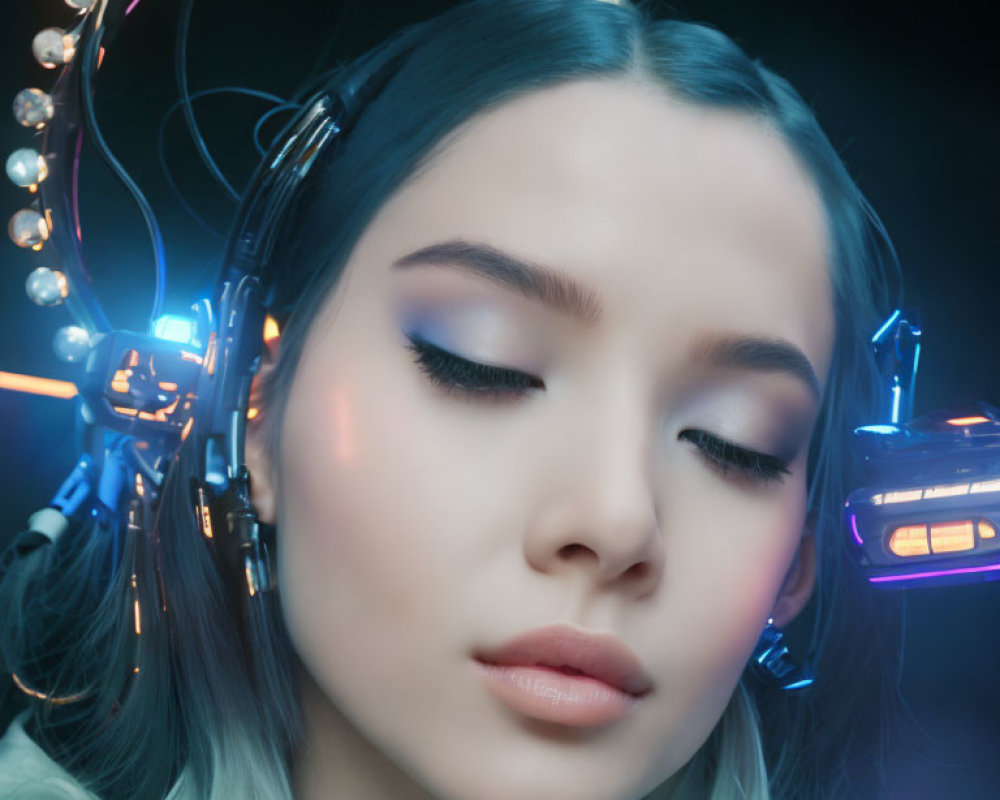 Close-up of woman with blue hair in futuristic setting