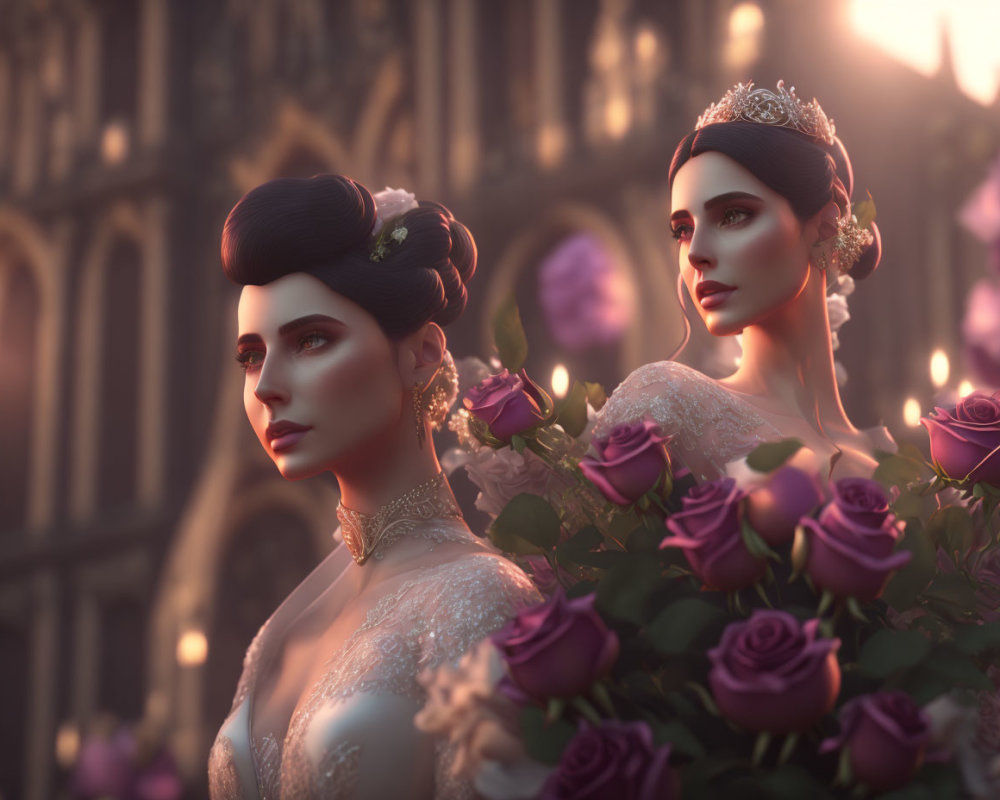 Ornately dressed individuals with tiaras among roses and gothic cathedral