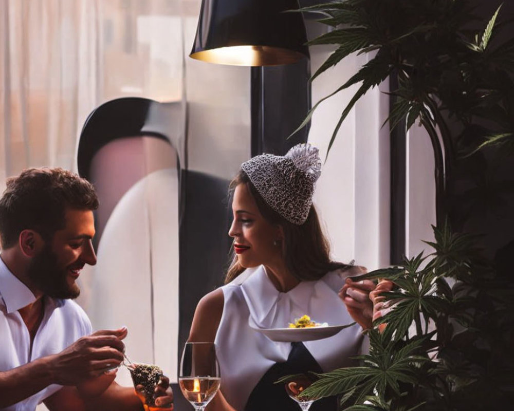Couple having romantic dinner by window with wine glasses and warm ambiance.