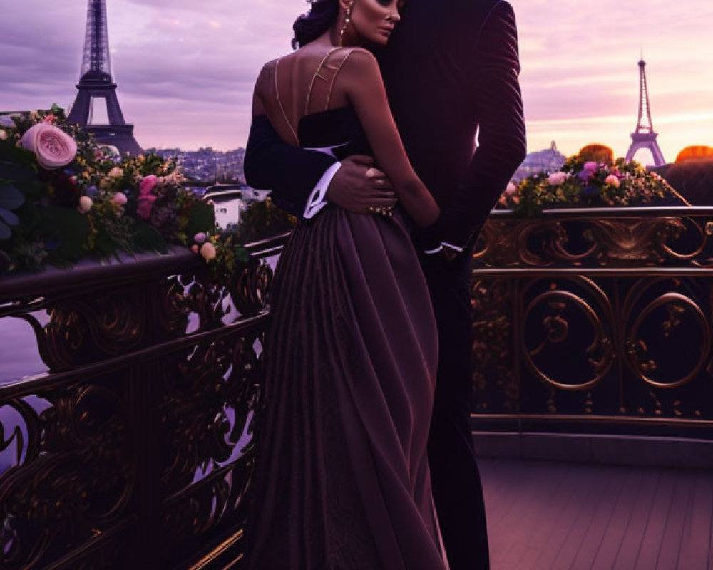 Romantic couple embracing on balcony with Eiffel Tower view at sunset