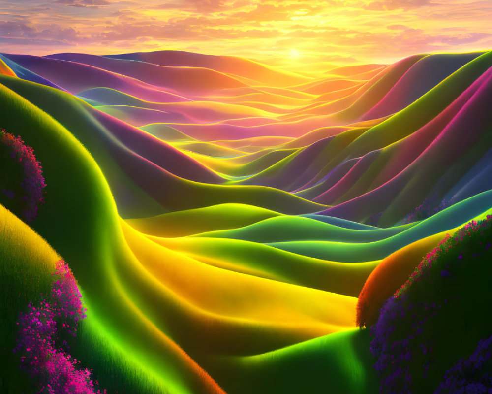 Colorful Sunset Over Rolling Hills with Rainbow Effect and Flowers