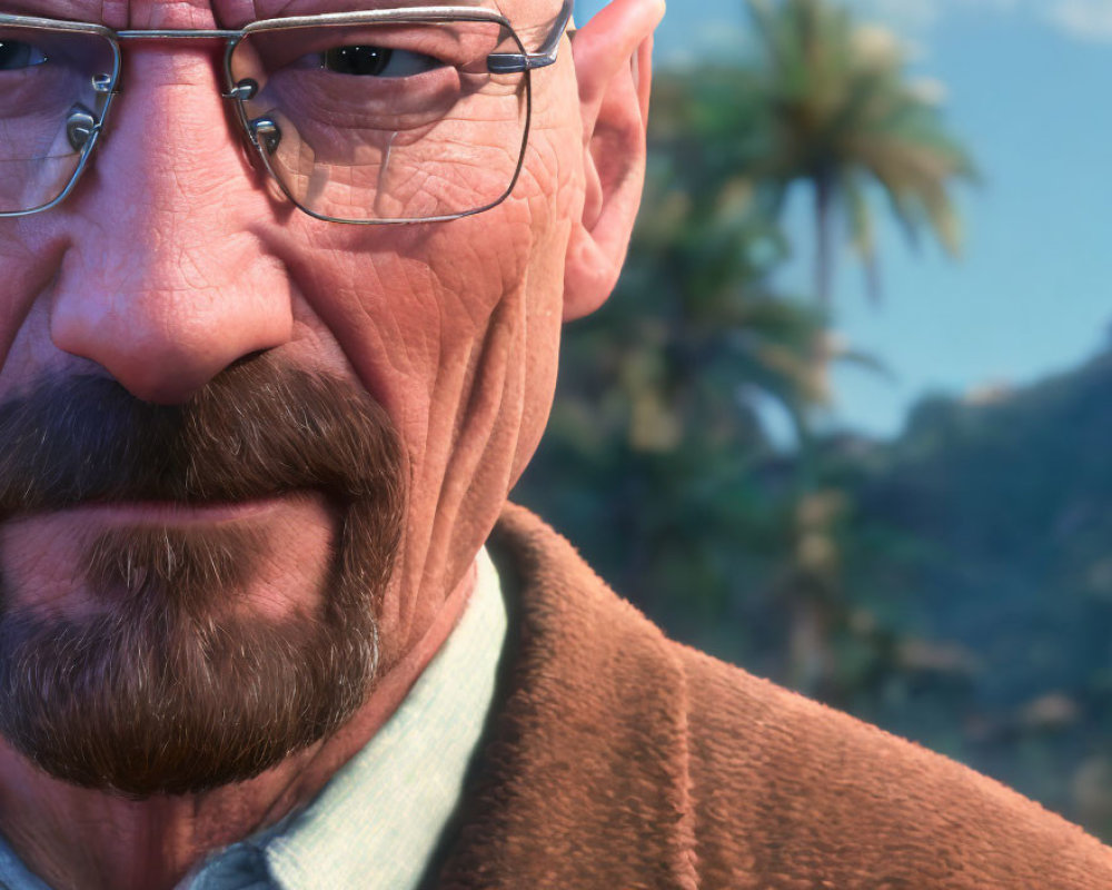 Detailed 3D-rendered male character with glasses and goatee in brown jacket