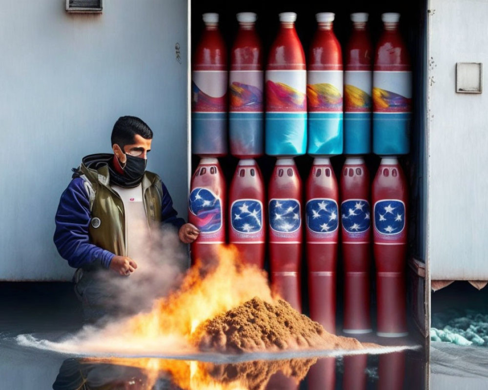 Person in Mask Surrounded by Smoking Spices and Colorful Containers