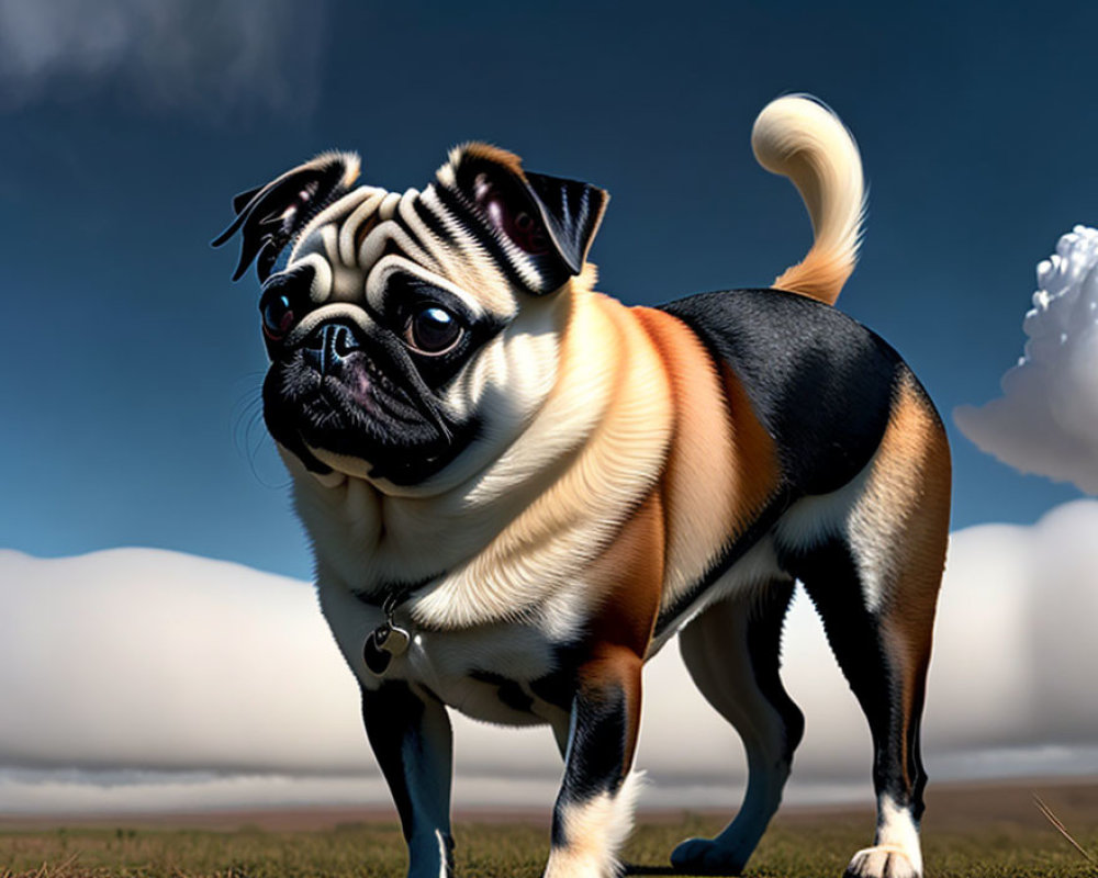 Pug with oversized eyes in whimsical landscape