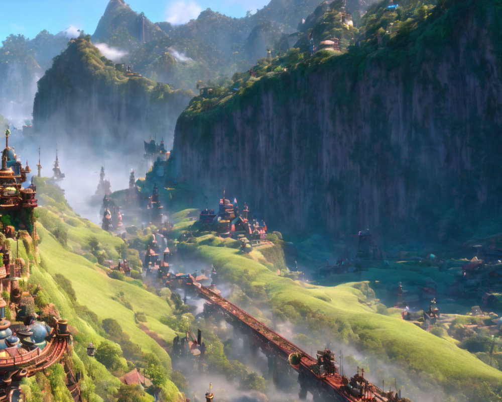 Fantastical architecture in lush green valley with bridge and misty mountains