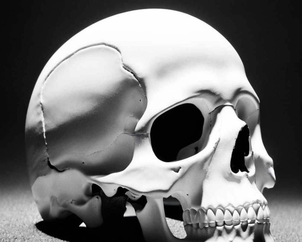 High-contrast black and white photograph of a human skull on textured surface